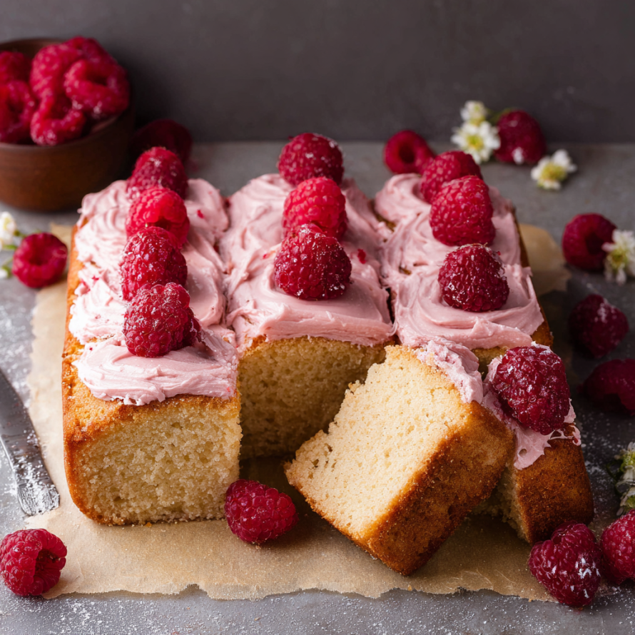 A slice of Almond Raspberry Cake with fresh raspberries on top.