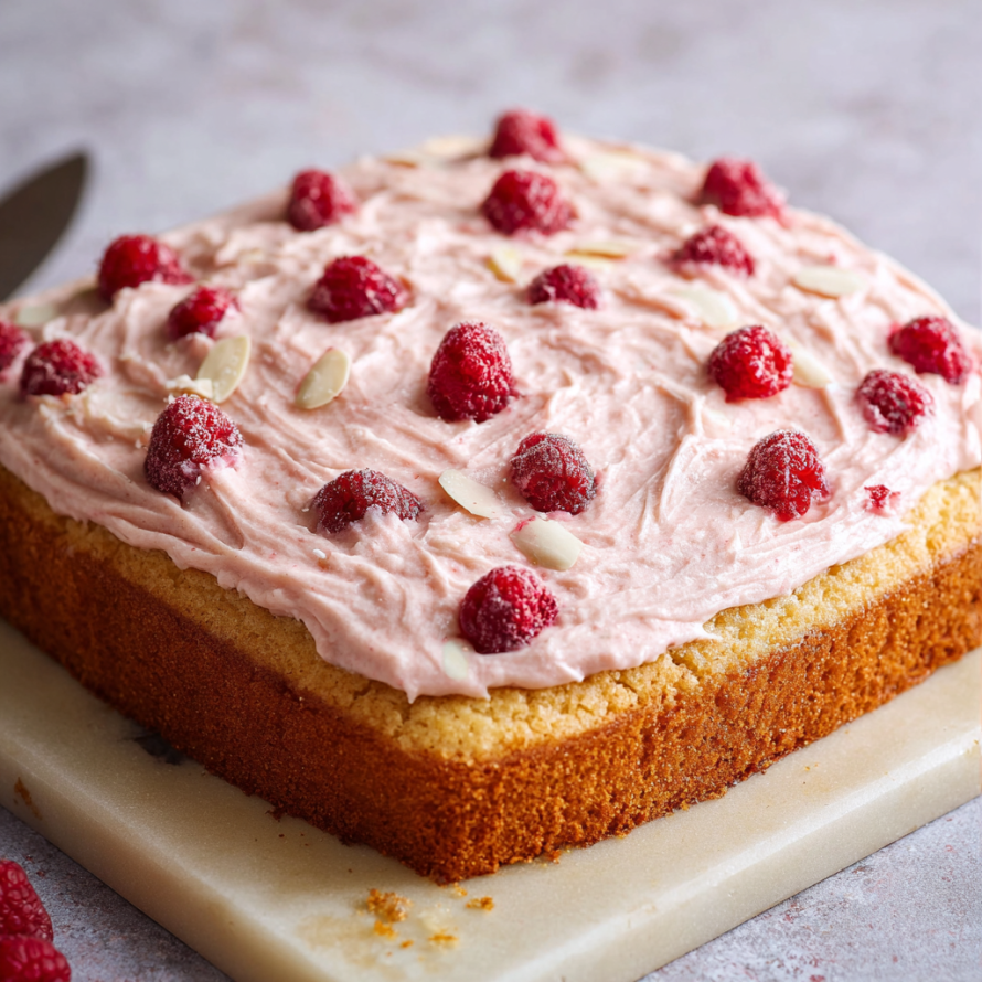 A slice of raspberry cheesecake with a knife stuck in it.