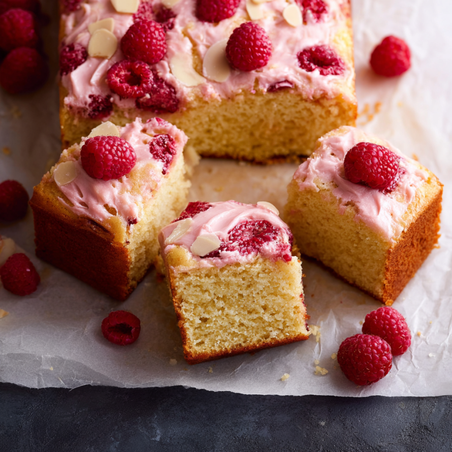 A slice of raspberry almond cake with white frosting and raspberries on top.