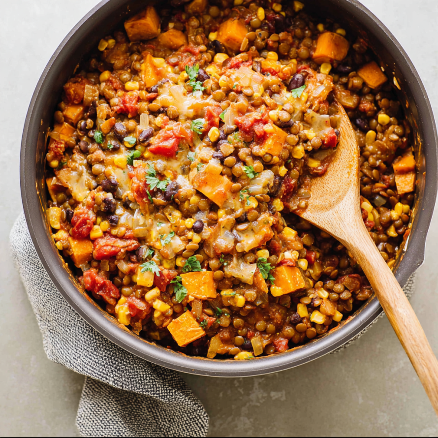 A bowl of Mexican lentils with a wooden spoon inside.