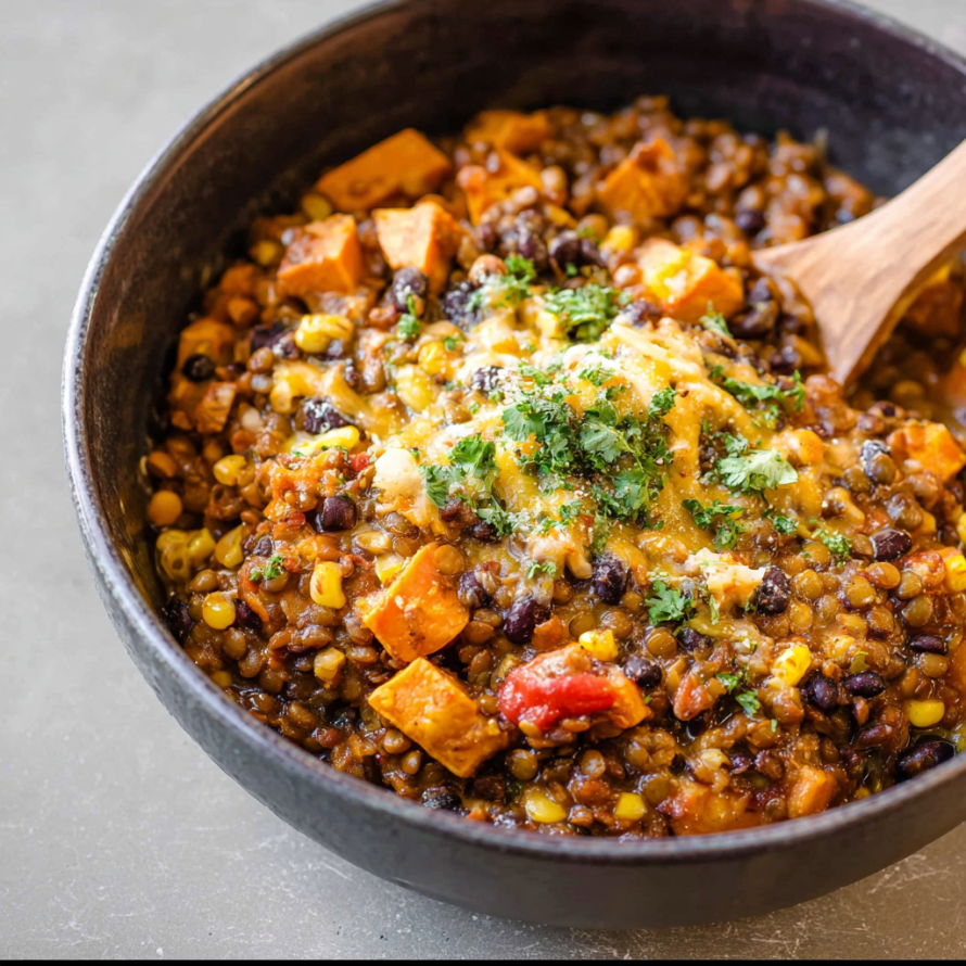 A bowl of food with a wooden spoon in it, the dish is described as a "vegetable stew" with ingredients such as corn, tomatoes, and beans.