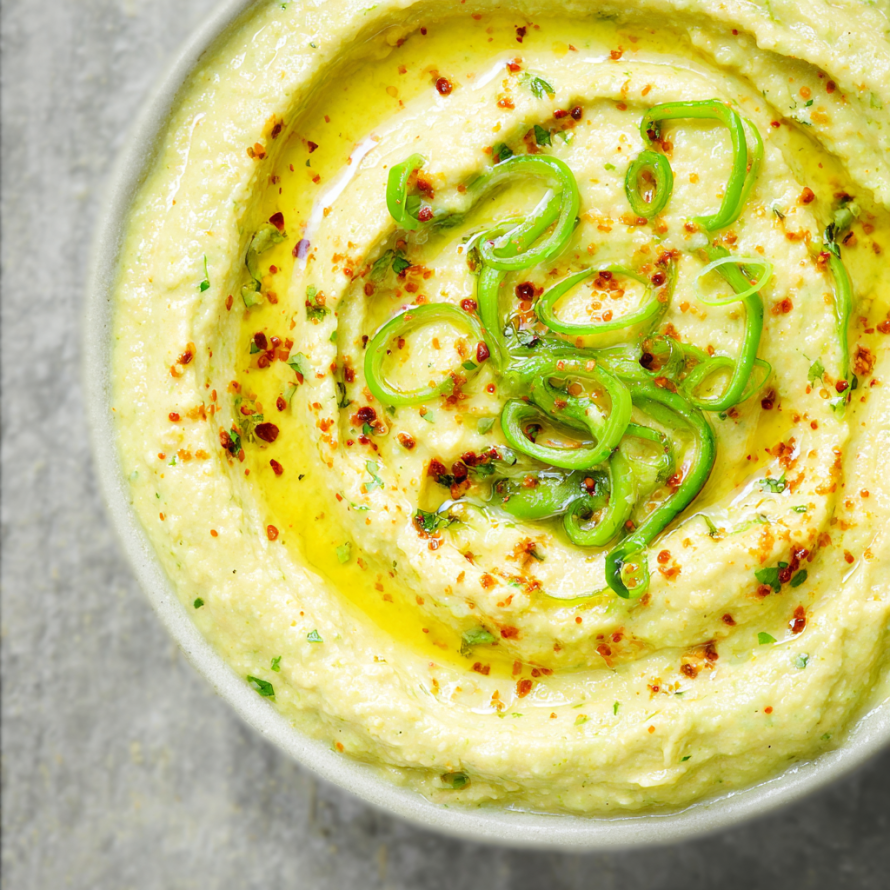 A bowl of garlic scape hummus with green onions on top.