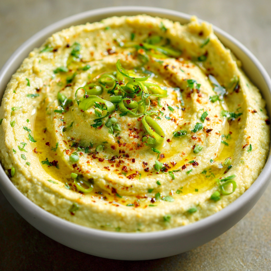 A bowl of hummus with green onions and garlic.