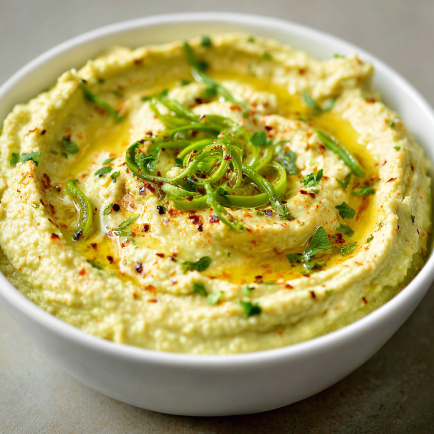 A white bowl filled with a creamy dip, possibly hummus, topped with green onions.