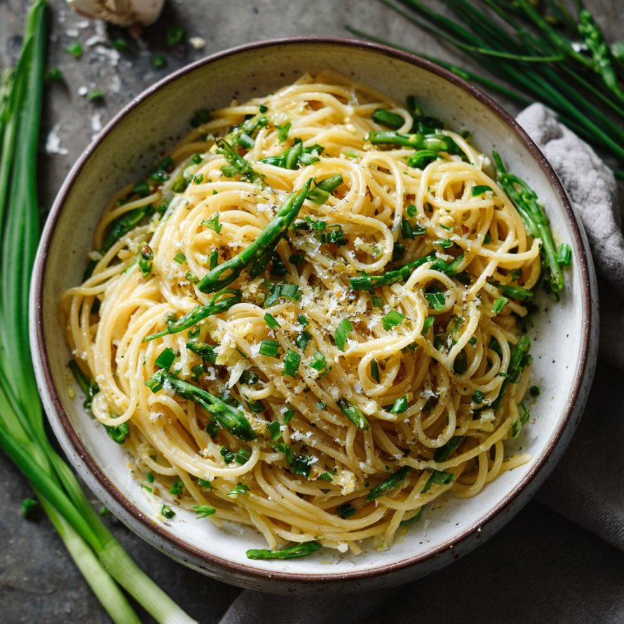 A bowl of pasta with green vegetables and cheese, possibly a dish called "Penne with Spinach and Cheese.