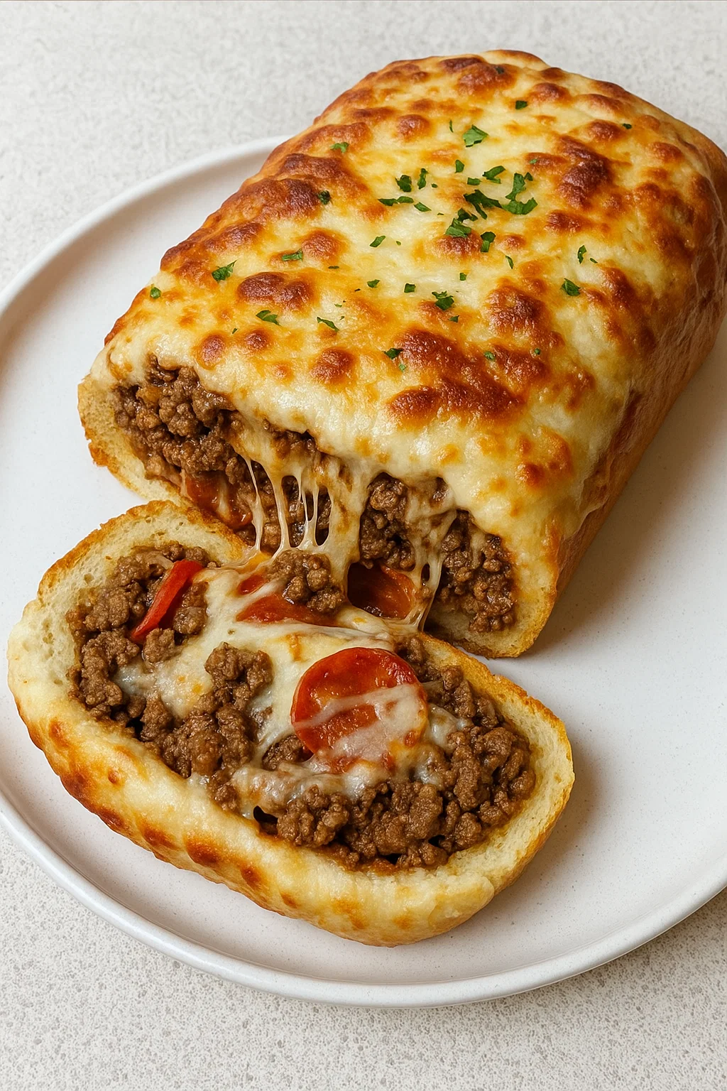 A slice of meat and cheese filled calzone is served on a white plate.