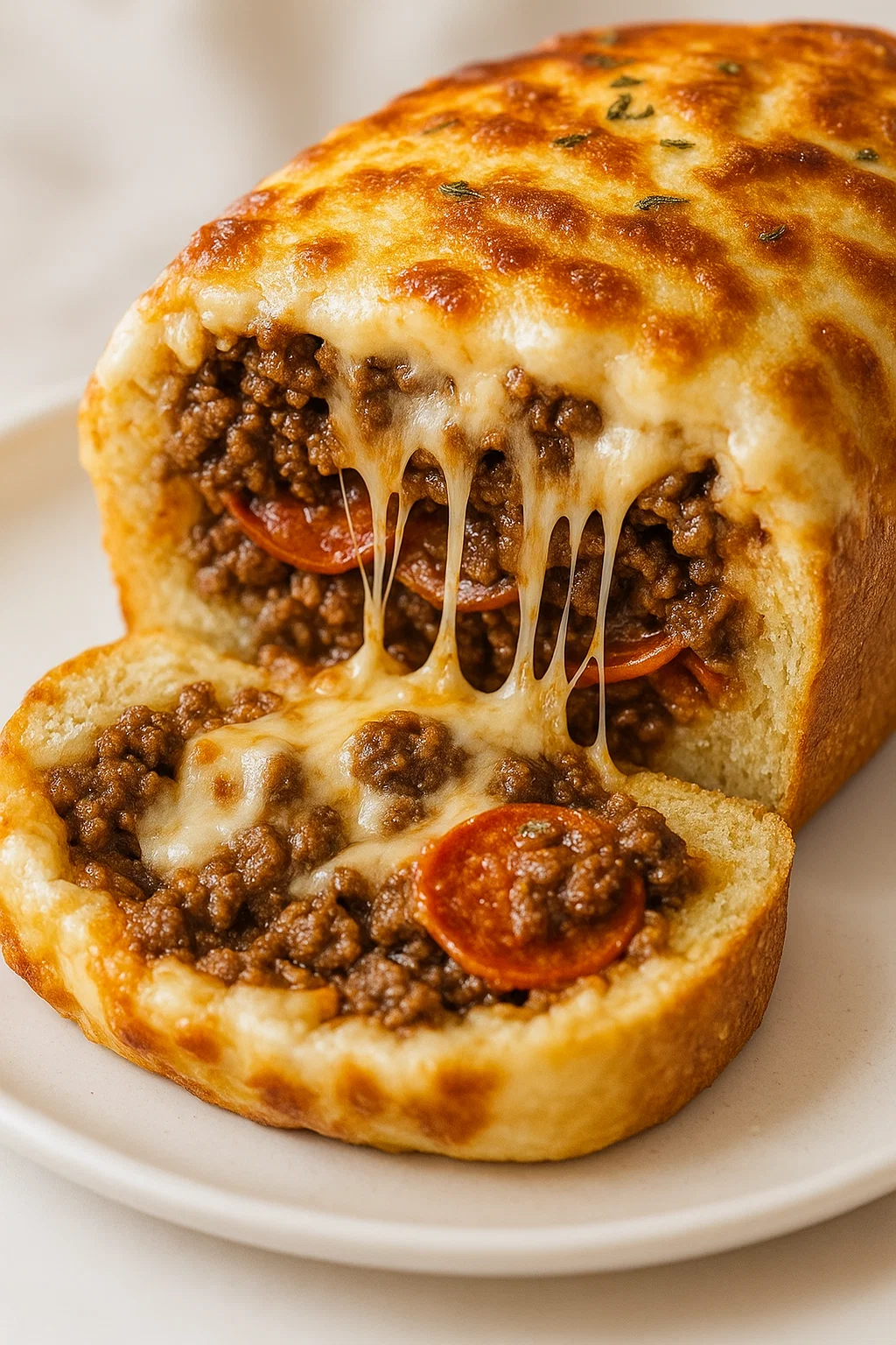 A slice of meat and cheese sandwich with tomato sauce drizzled on top.