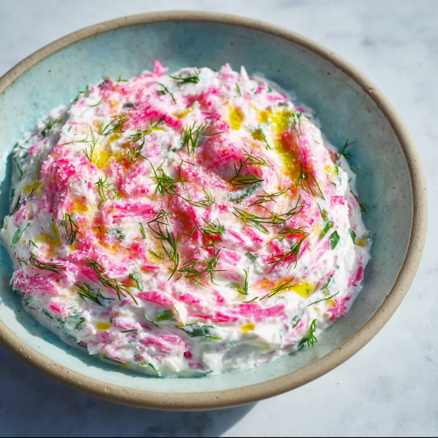 A bowl of Pink Radish Tzatziki, a creamy and colorful dip made from radishes and yogurt.