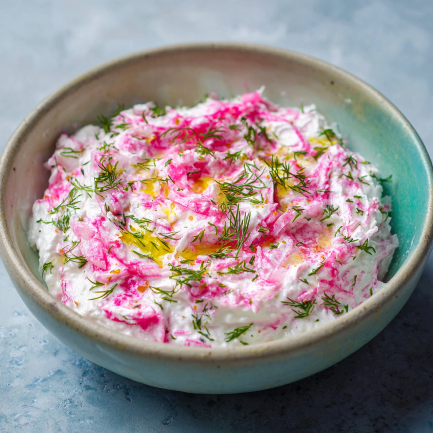 A bowl of creamy food with a pink sauce and a sprinkle of dill.
