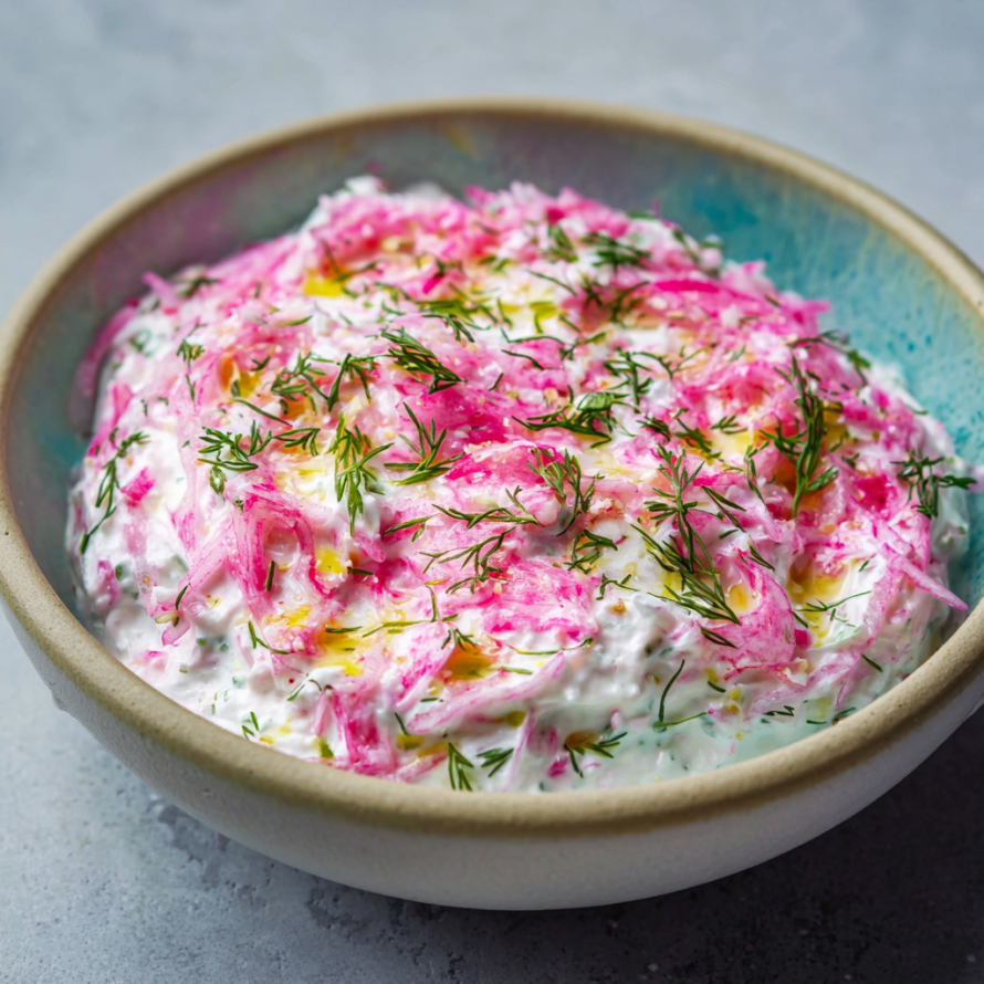 A bowl of food with a pink sauce and green herbs, possibly a salad or a dip.