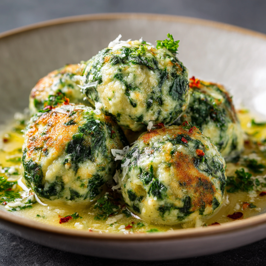 A plate of Spinach & Ricotta Gnudi, a delicious Italian dish.