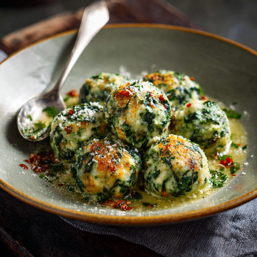 A plate of stuffed spinach balls with a spoon on top.