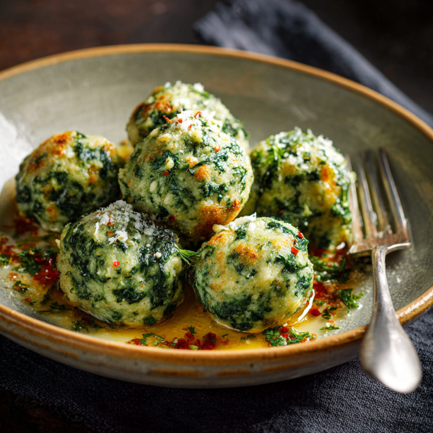 A plate of stuffed vegetables, including spinach and tomatoes, is served with a fork.