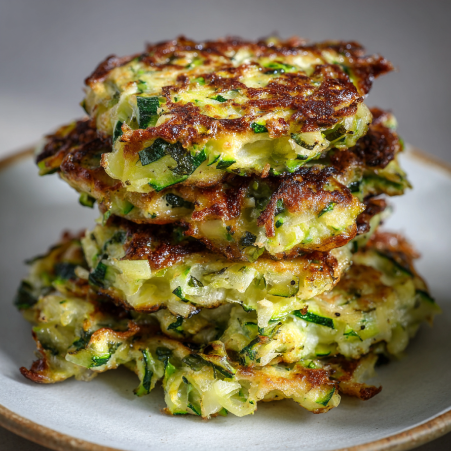 A stack of crispy zucchini and creamy leek fritters with herbs on a plate.