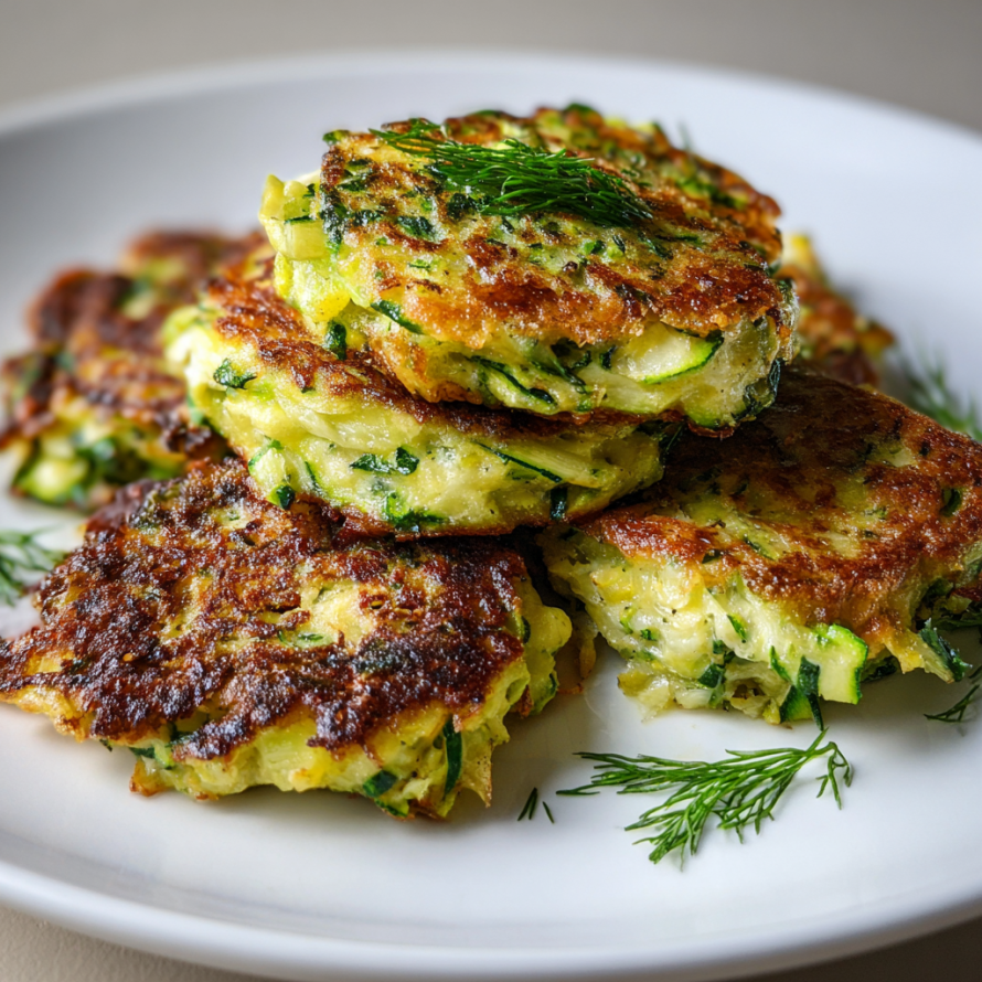 A plate of vegetable cakes with a green topping.