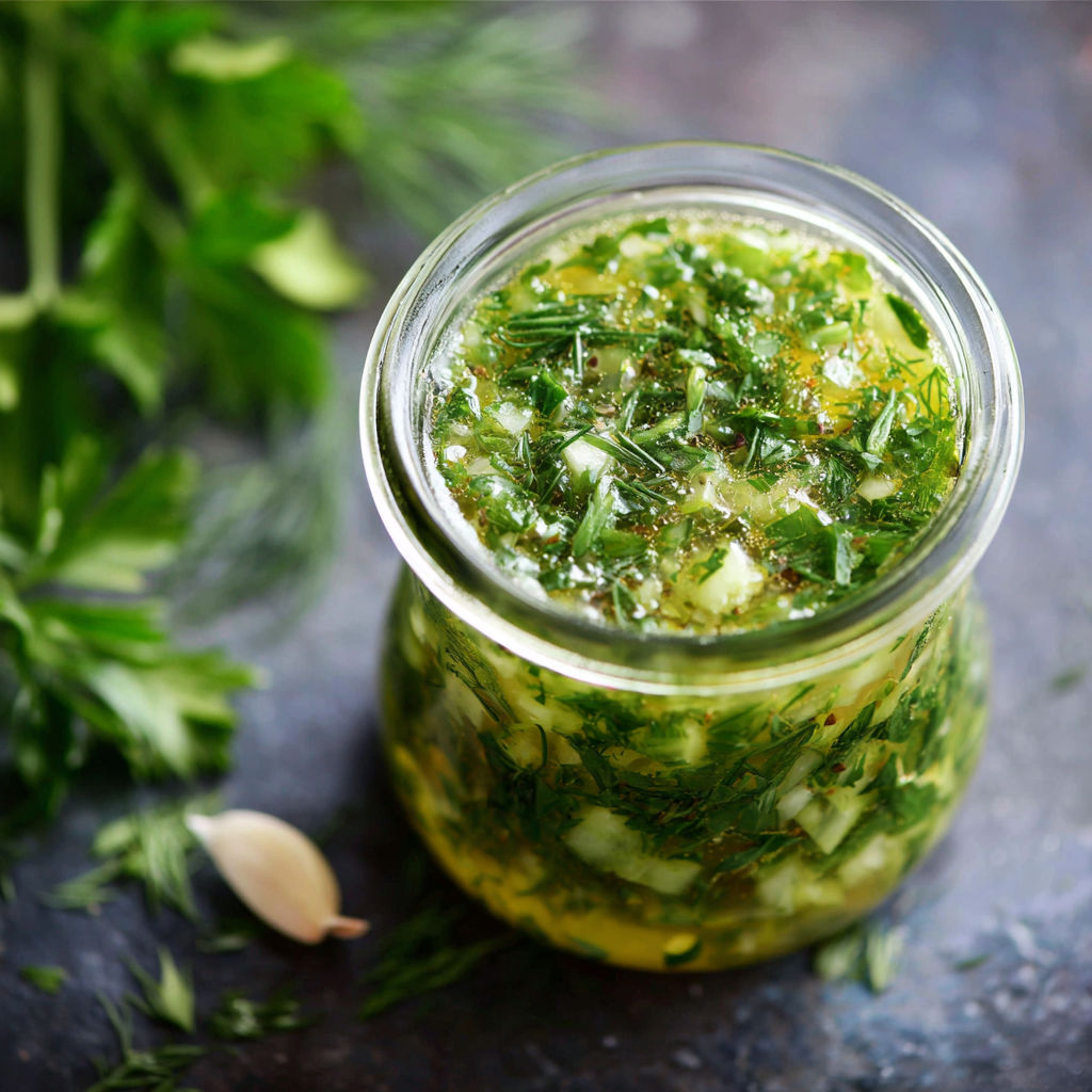 A jar of pickle juice salad dressing is displayed on a table.