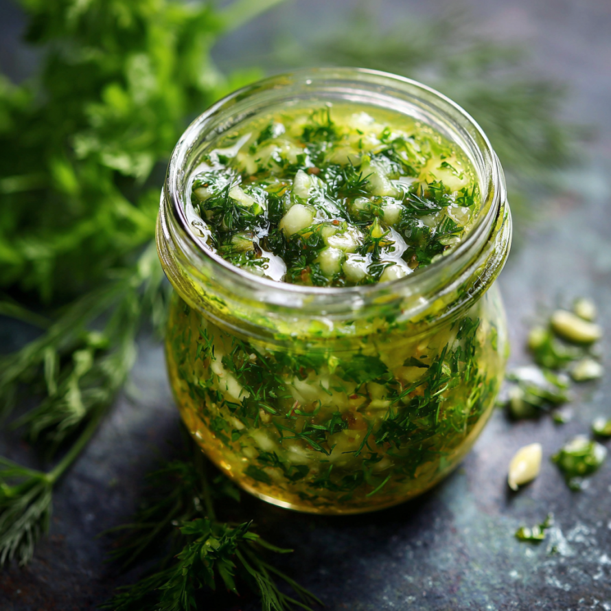 A jar of green herbs is displayed on a table, ready to be used in a recipe called "Green Herb Sauce.