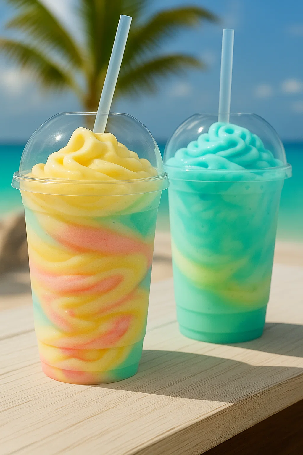 Two colorful and creamy frozen drinks are served in plastic cups, one with a yellow and pink swirl and the other with a blue and yellow swirl.