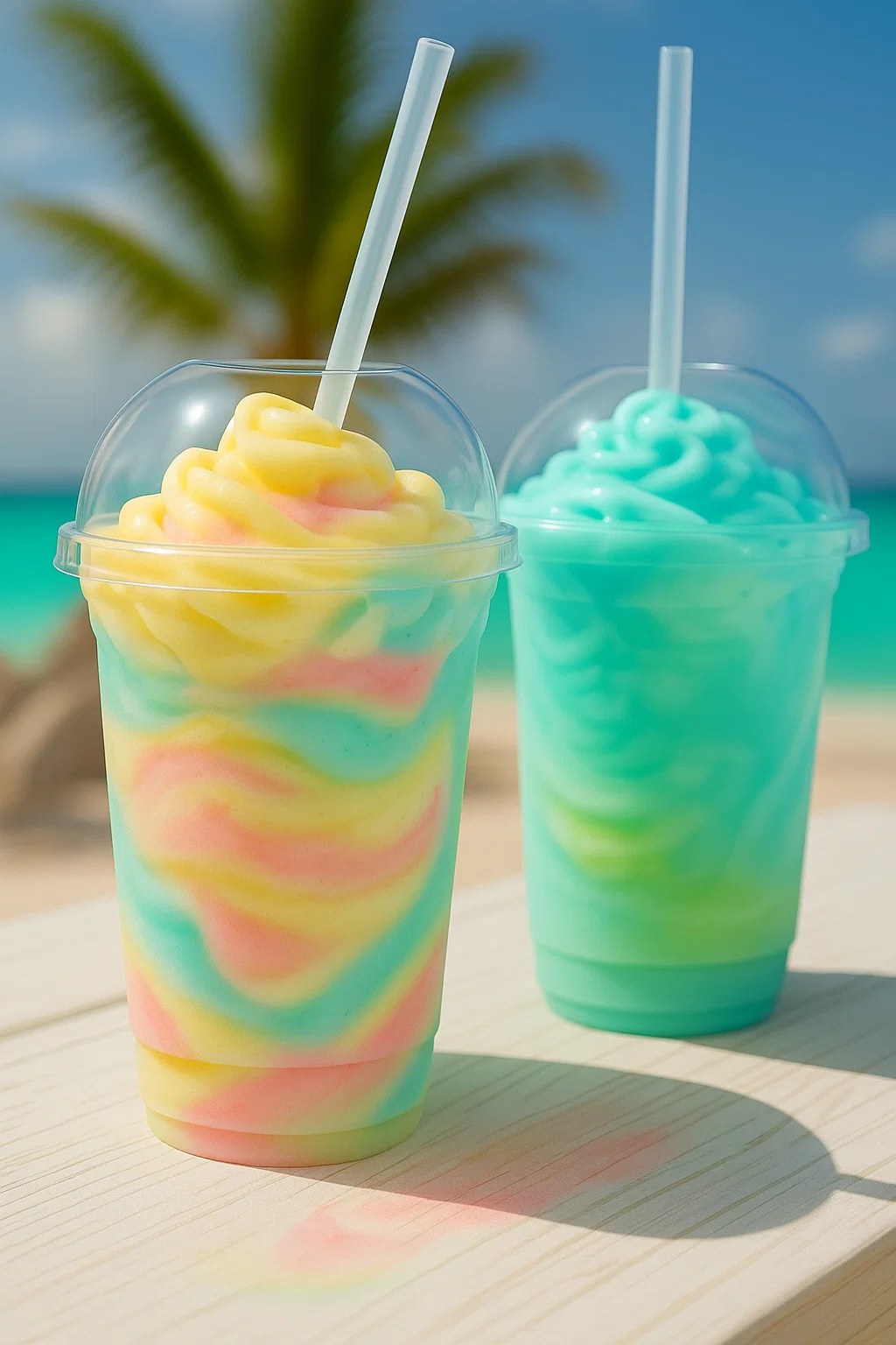 Two colorful, tropical-themed drinks are served in plastic cups, with one being a blue and green shake and the other a yellow and pink shake.