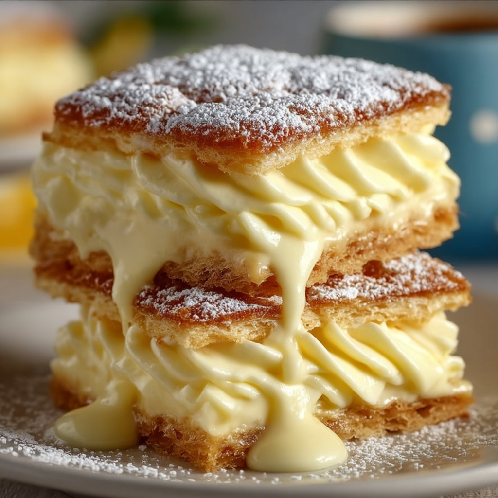 A stack of three vanilla custard cream squares on a plate.