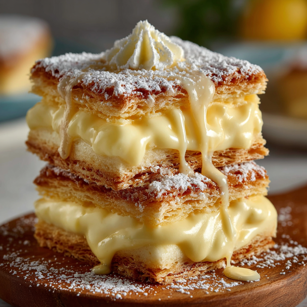 A stack of three layers of pastry, each topped with whipped cream and powdered sugar, is displayed on a wooden platter.