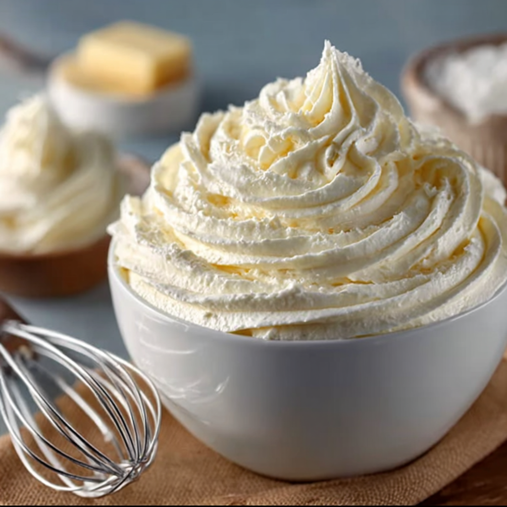 A bowl of whipped cream frosting is ready to be used in a recipe.