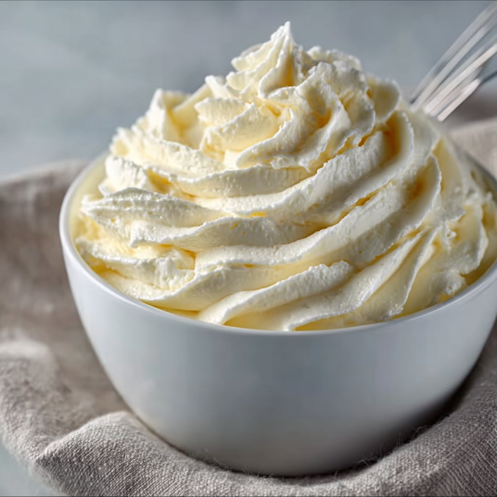 A bowl of whipped cream frosting, ready to be used as a topping for desserts.