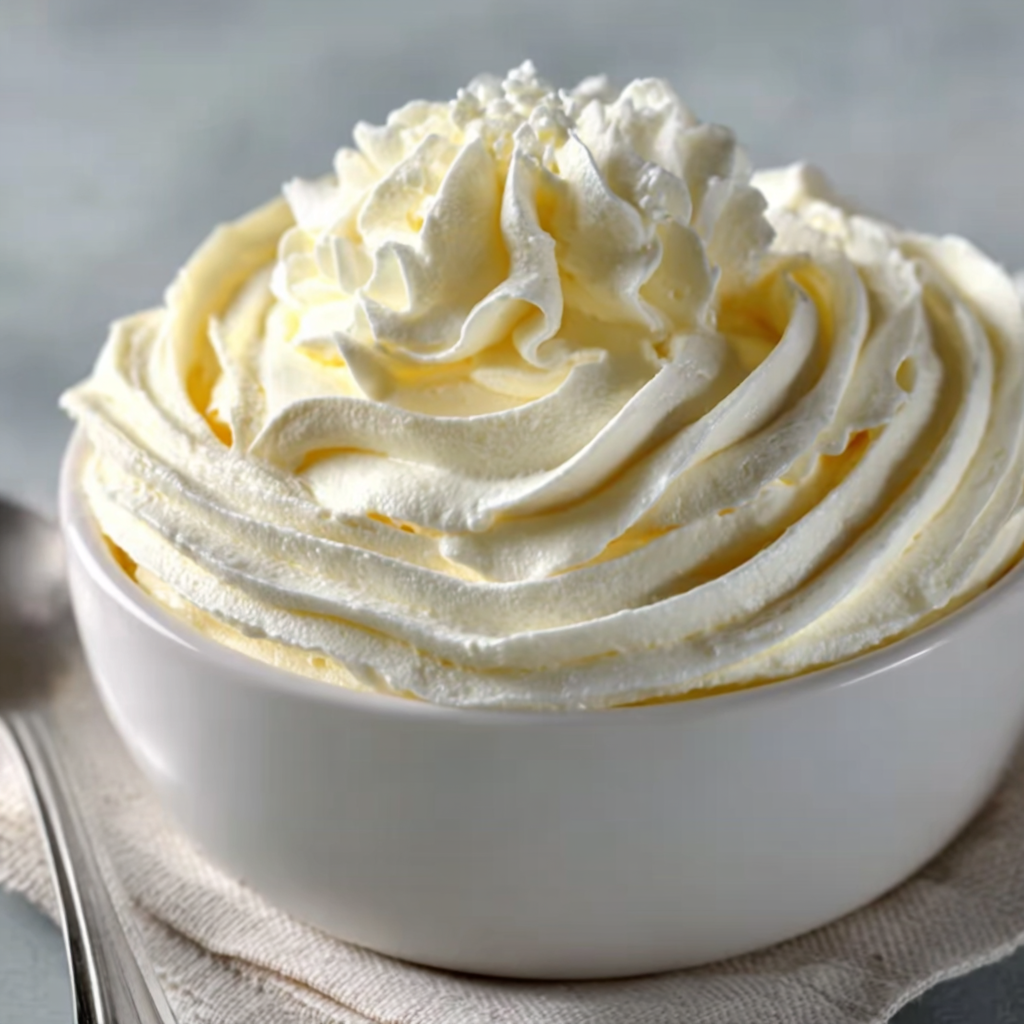 A bowl of whipped cream frosting is ready to be served.