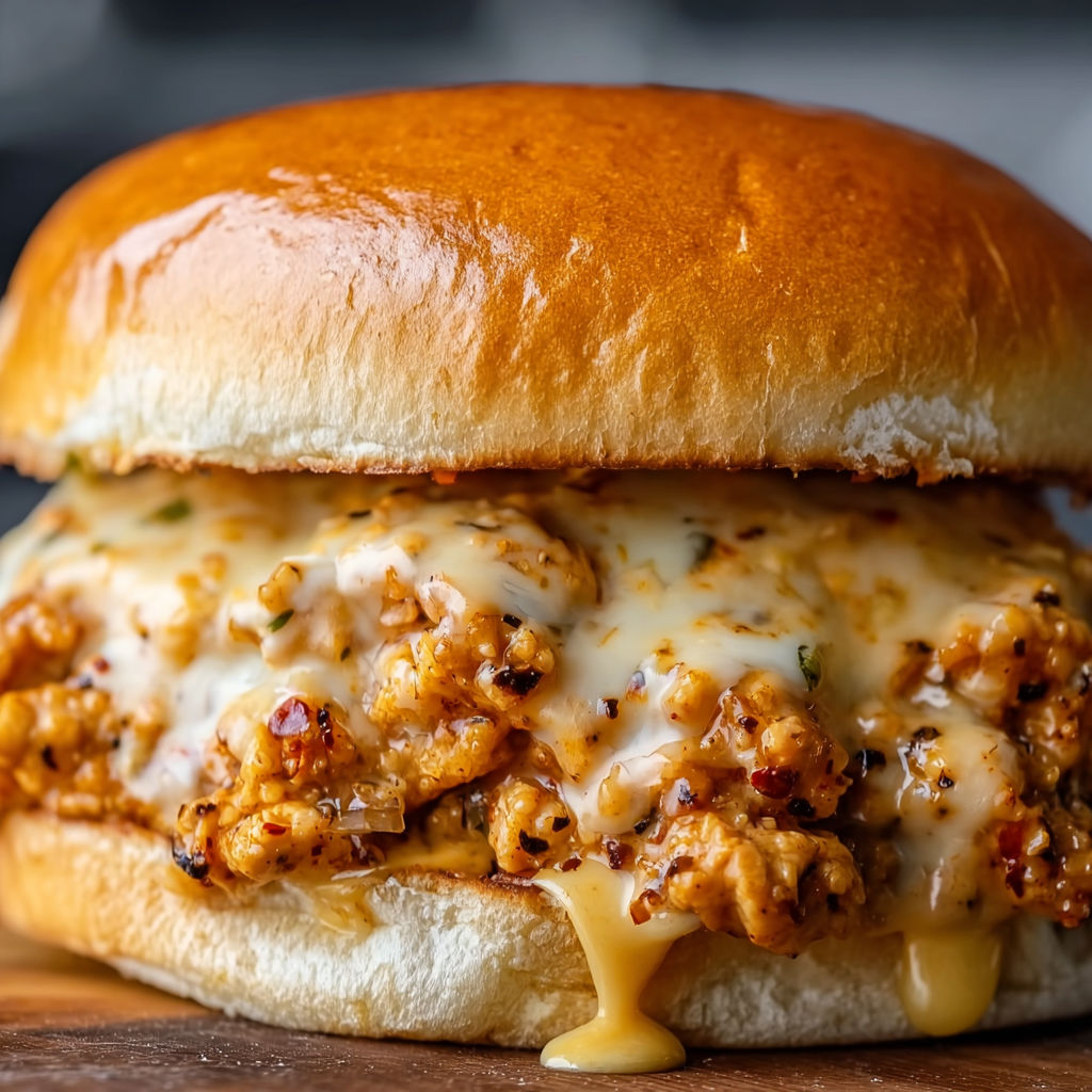 A delicious Cajun Chicken Sloppy Joes sandwich with melted cheese and a generous amount of sauce.