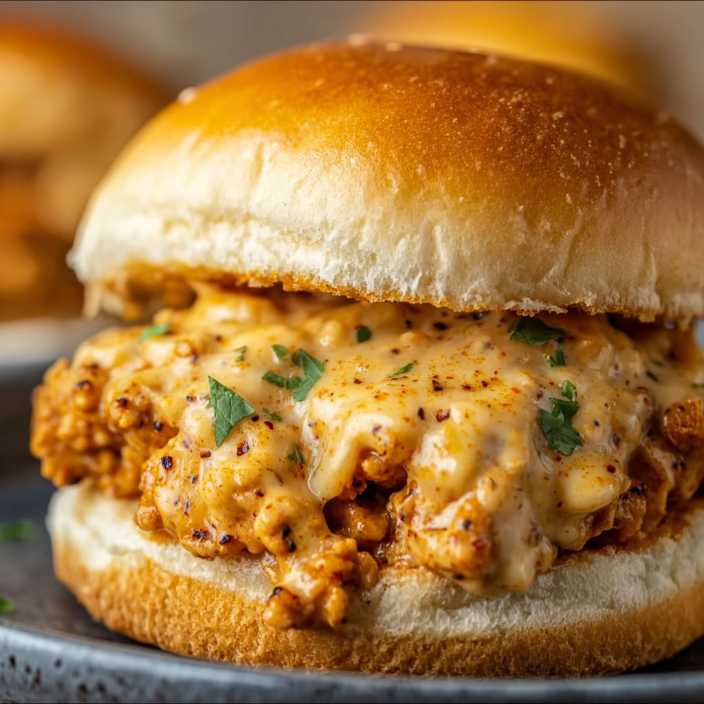 A delicious chicken sandwich with cheese and herbs, served on a bun.