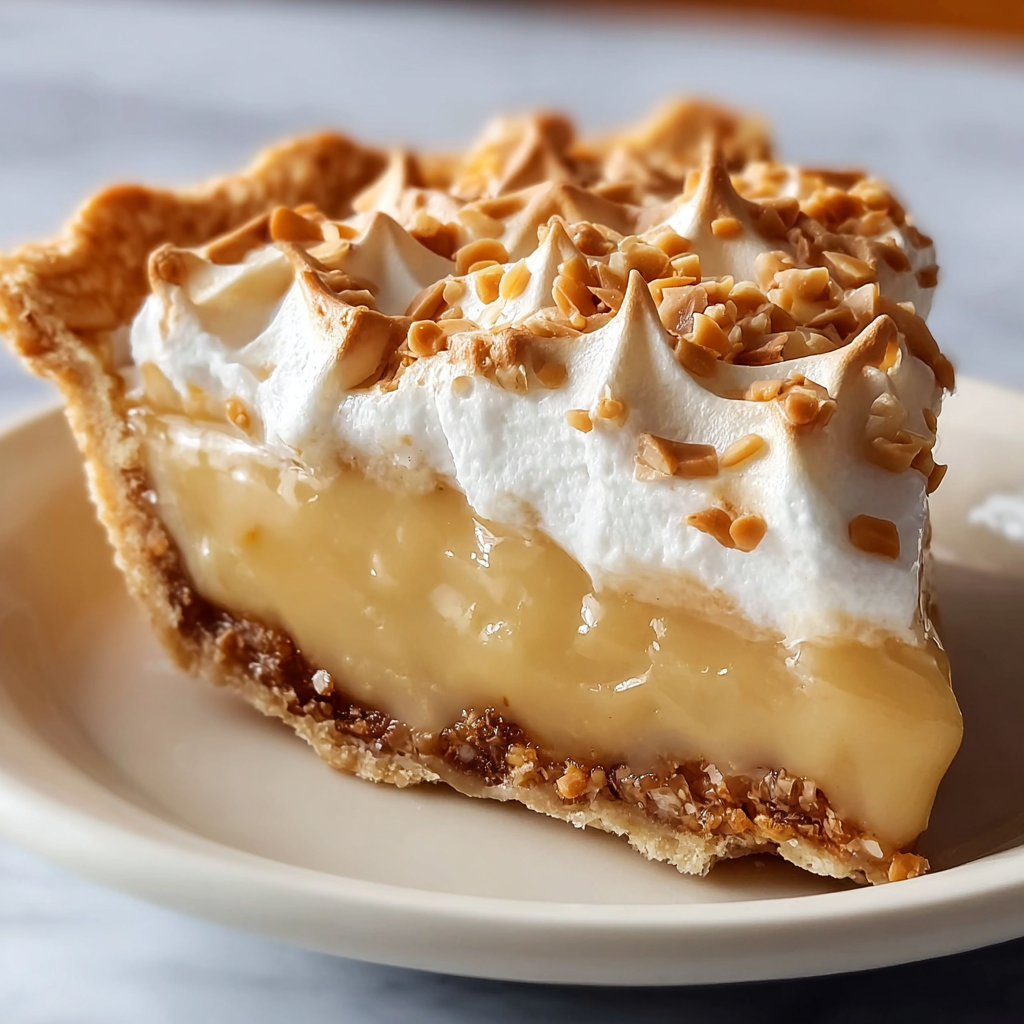 A slice of Dolly Parton's Butterscotch Pie is served on a white plate.