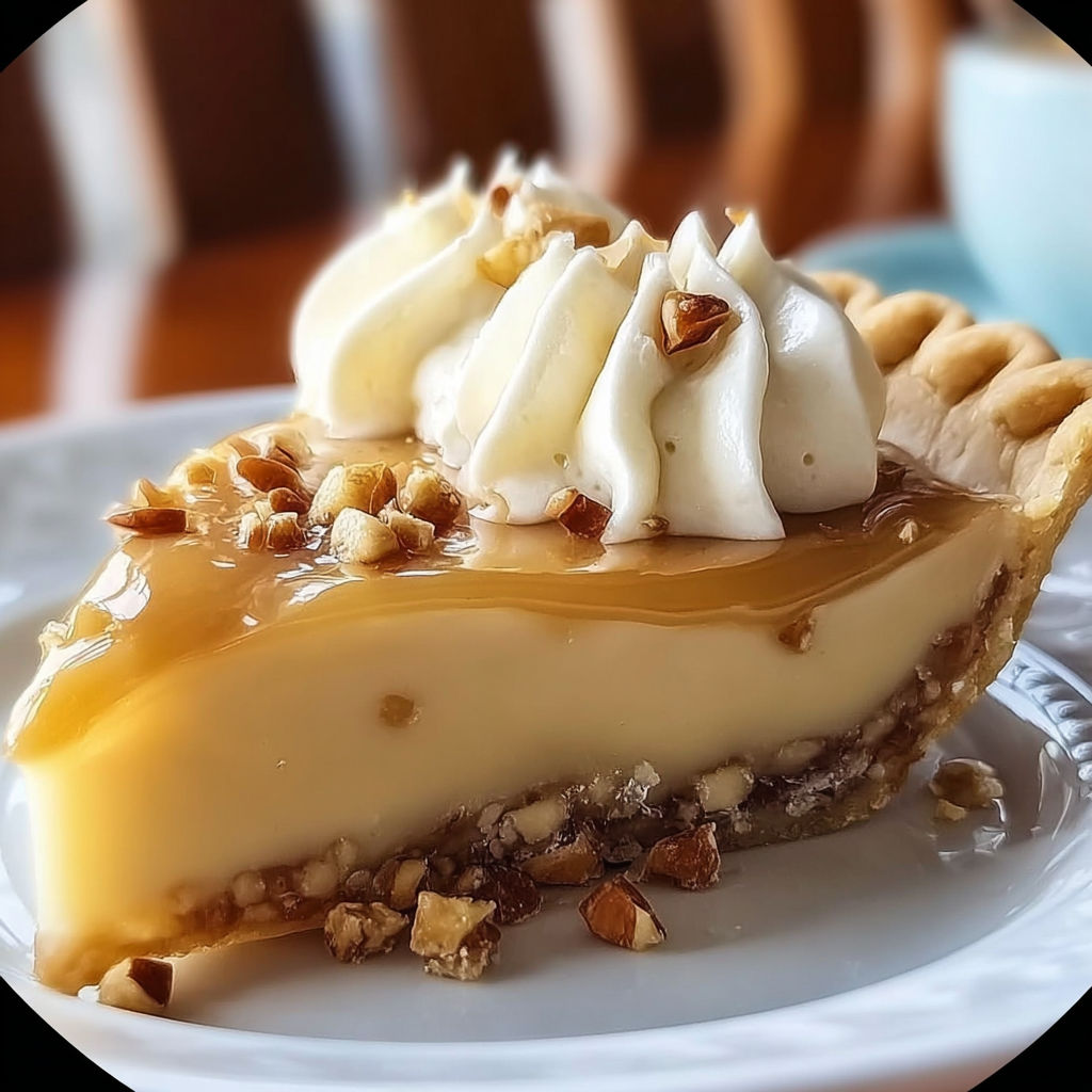A slice of pie with whipped cream on top, sitting on a white plate.