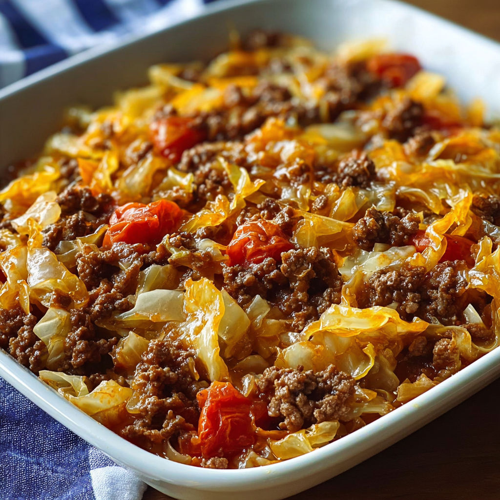 A delicious cabbage and ground beef dish is served in a white bowl.