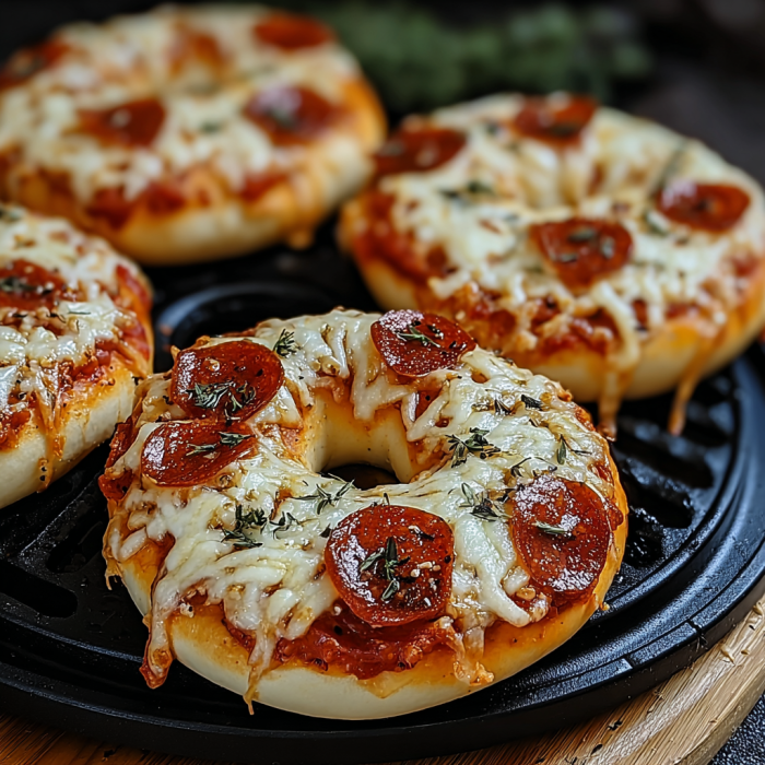 A close up of a homemade air fryer pizza bagel with pepperoni and cheese.