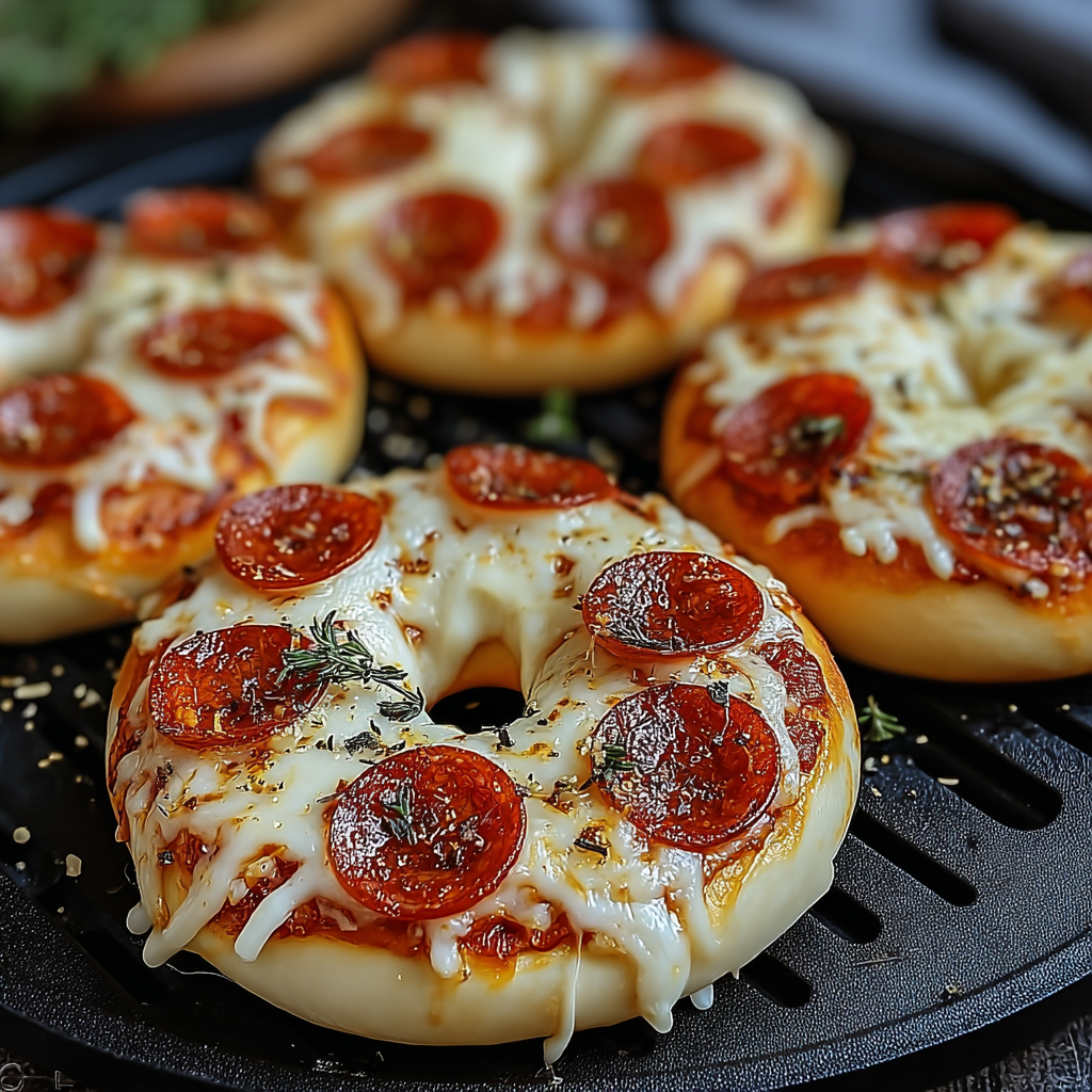 A homemade air fryer pizza bagel with cheese and tomatoes.