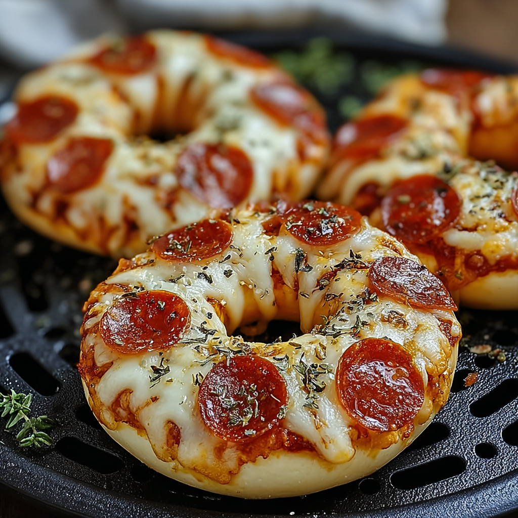A close-up of a homemade air fryer pizza bagel with cheese and pepperoni.