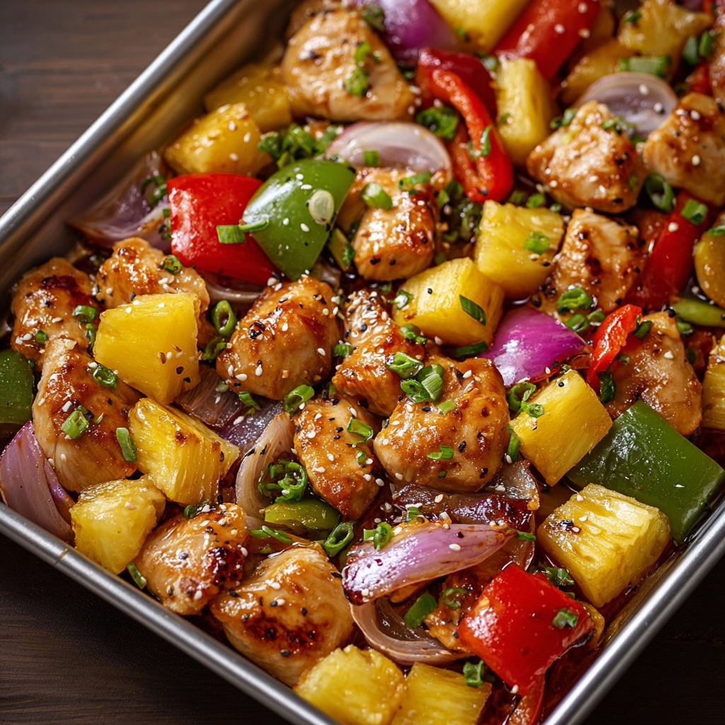 A pan of Hawaiian chicken and vegetables, including pineapple, onions, and peppers, is ready to be served.