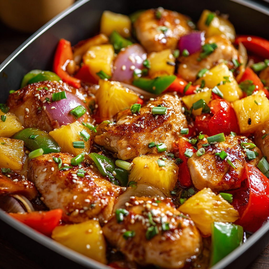 A pan of chicken stir fry with peppers and onions.