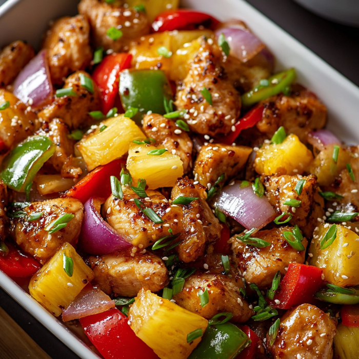 A dish of chicken stir fry with peppers and onions, served in a white bowl.