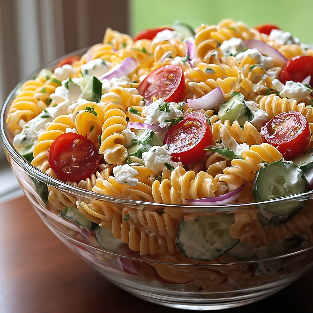 A bowl filled with a delicious layered pasta salad.