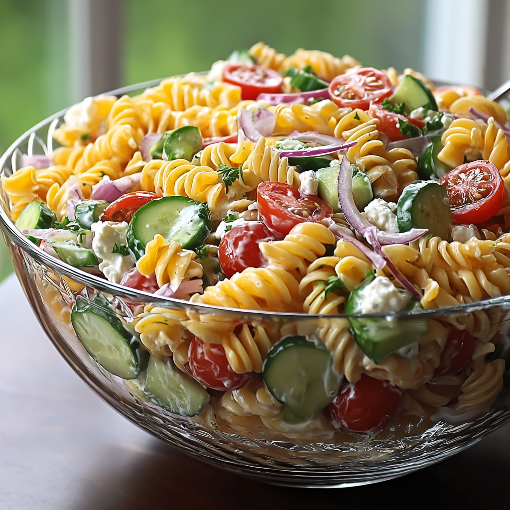 A bowl of pasta salad with tomatoes, cucumbers, and feta cheese.