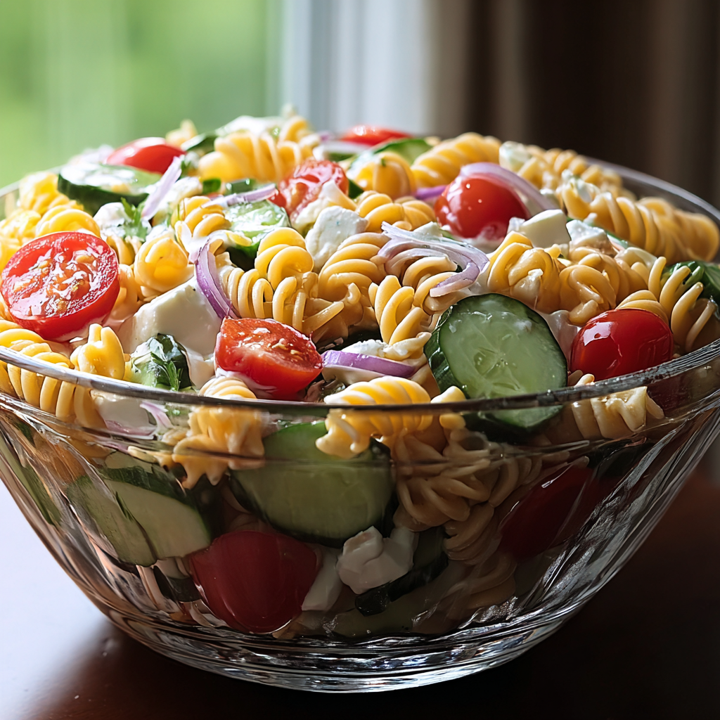 A bowl of pasta salad with tomatoes, cucumbers, onions, and cheese.