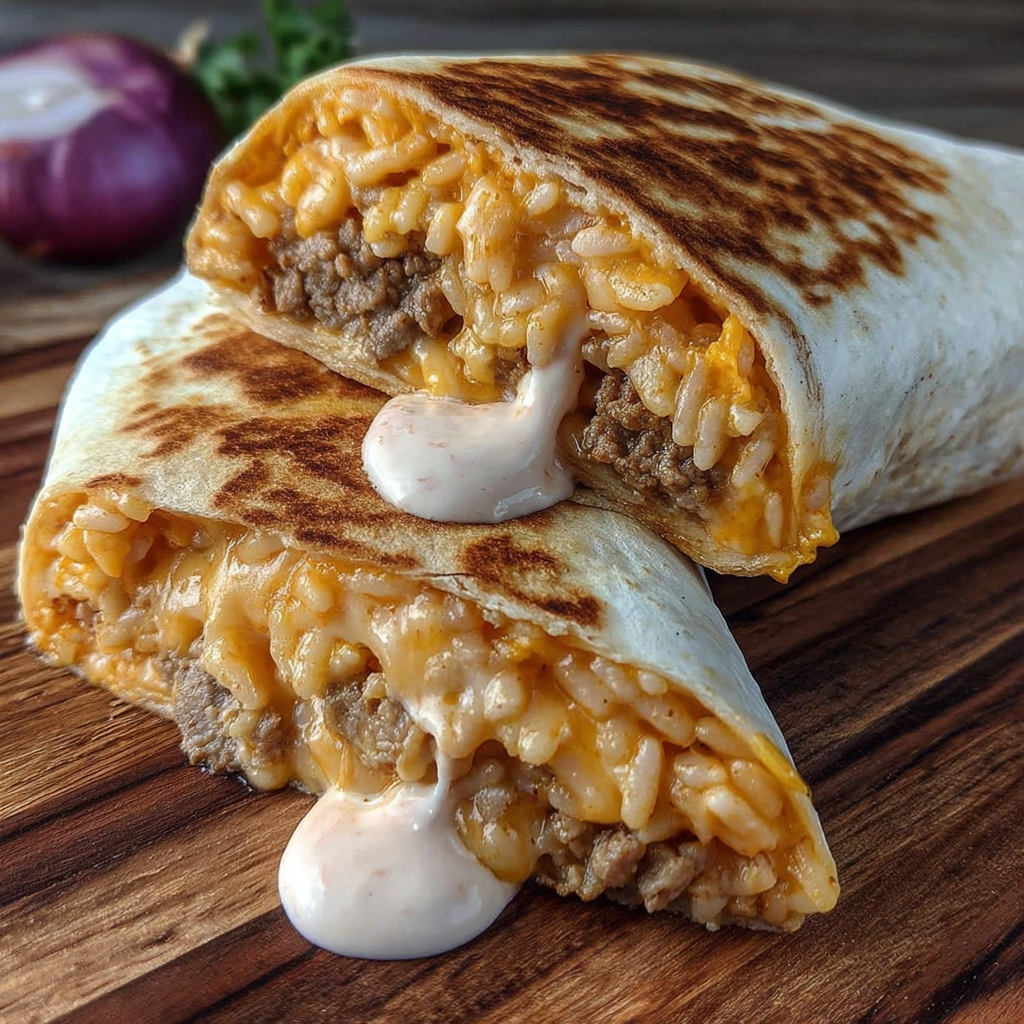 A delicious burrito filled with rice, meat, and cheese.