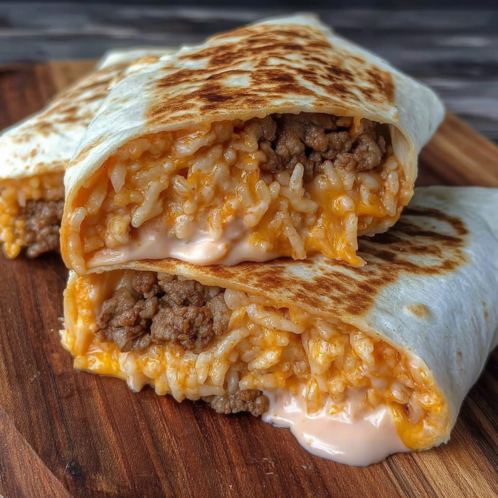 A delicious burrito filled with rice, meat, and cheese, ready to be enjoyed.