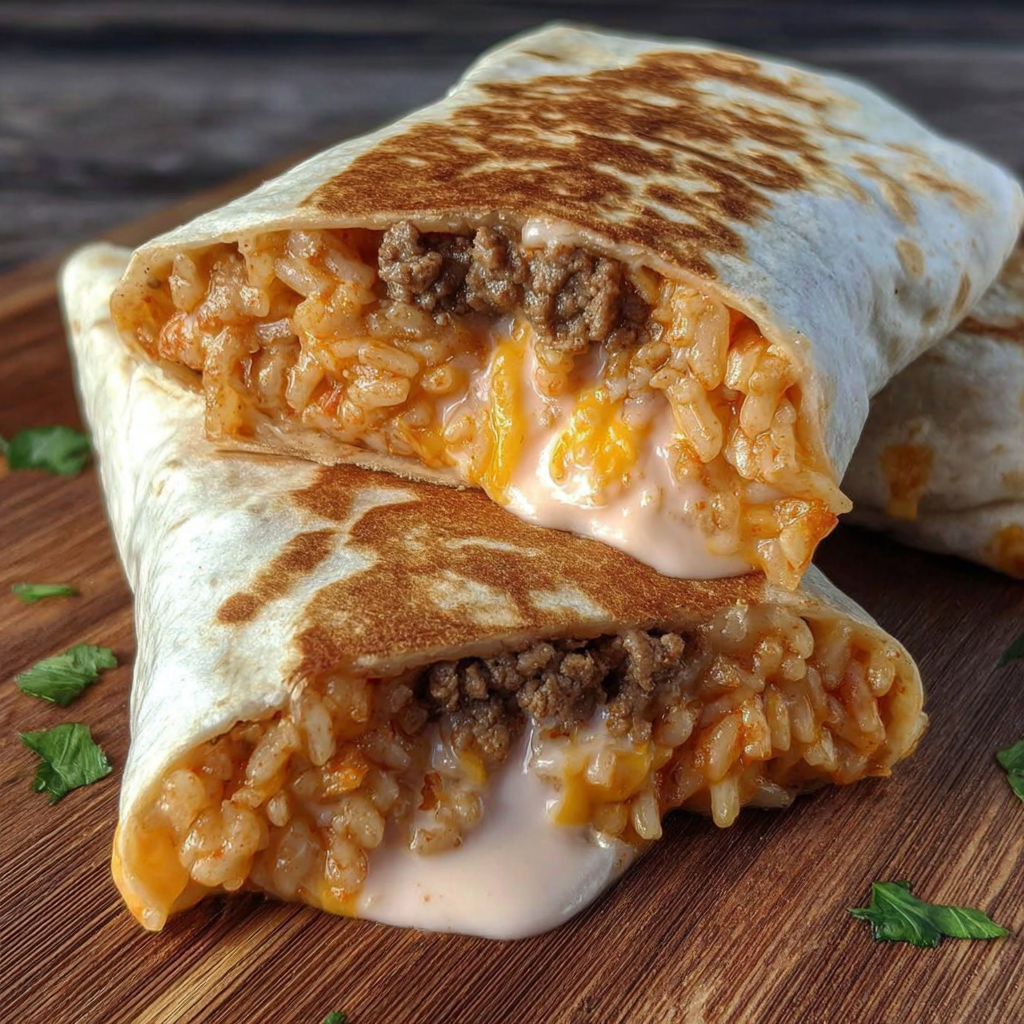 A delicious rice and meat burrito is served on a wooden table.