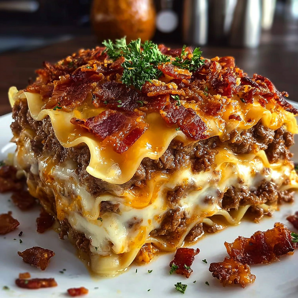 A delicious Parmesan Garlic Bacon Cheeseburger is served on a white plate.