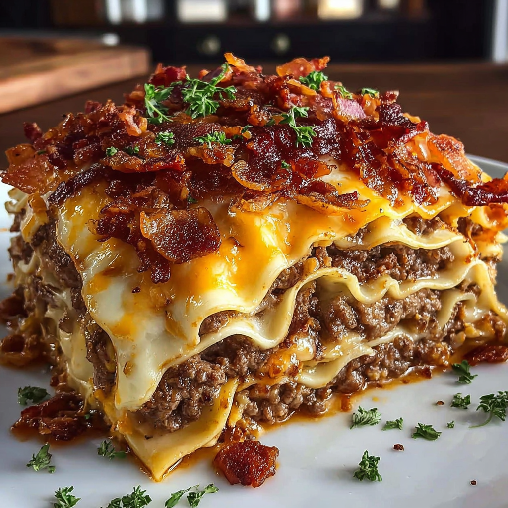A delicious bacon and cheese casserole is served on a white plate.