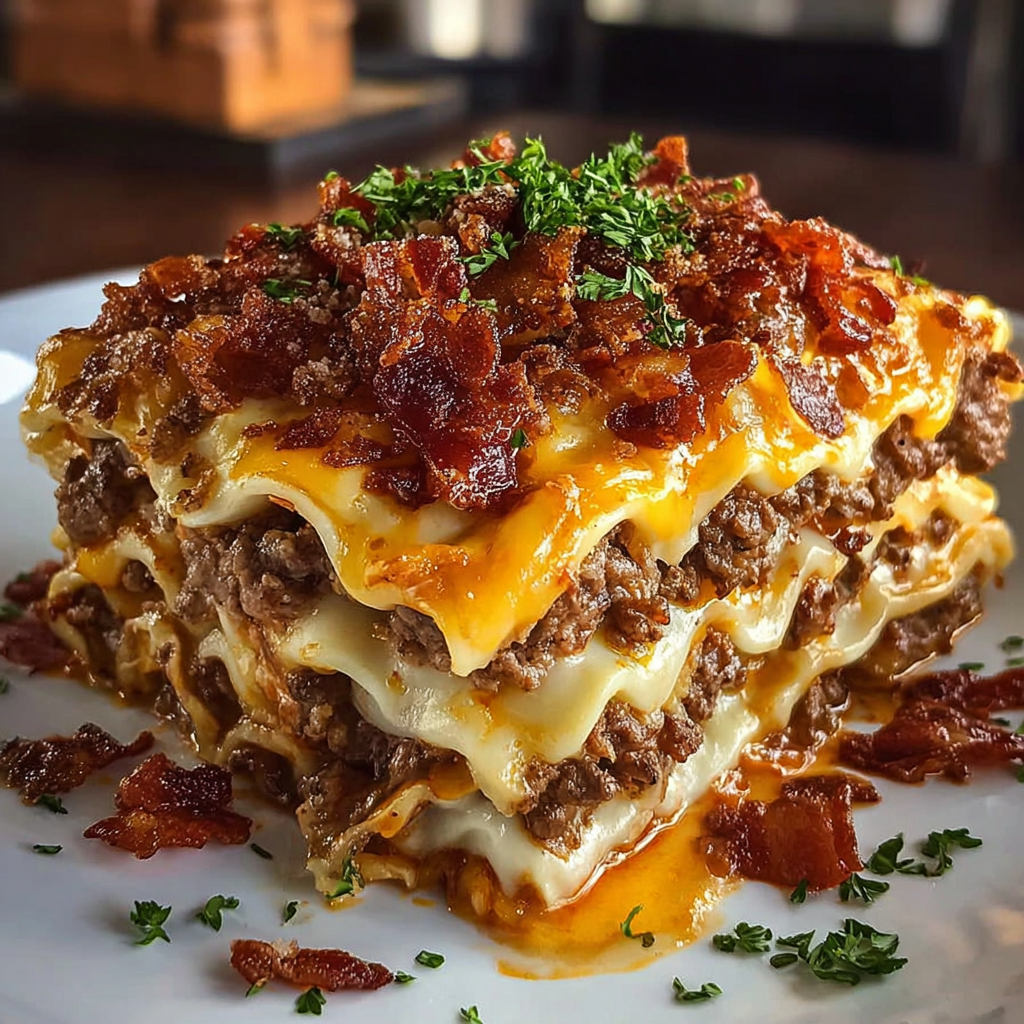 A stack of lasagna with bacon and cheese on top.