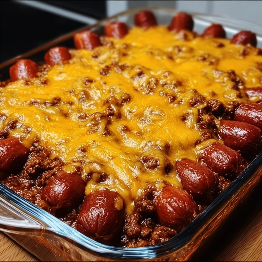 A delicious chili cheese dog casserole with a variety of toppings.