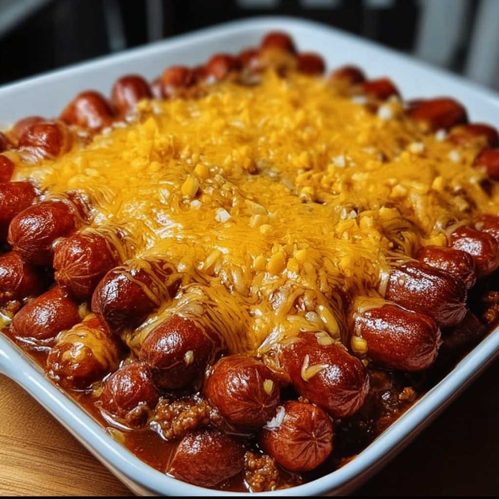 A dish of chili cheese dogs with a generous amount of cheese and seasoning.